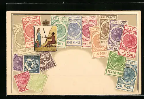 AK Süd-Australien, Briefmarken und Wappenbild mit Krone