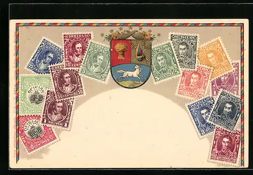 Präge-Lithographie Venezuela, Briefmarken und Wappen
