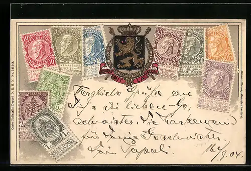 AK Briefmarken von Belgien, Wappen mit Löwen