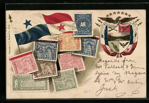 AK Briefmarken von Panama, Wappen mit Adler