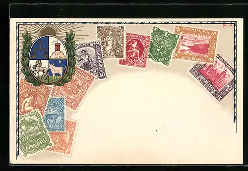 Präge-AK Briefmarken und Wappen Uruguay, Ehrenkranz, Goldene Sonne