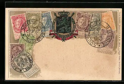 Künstler-AK Briefmarken aus Belgien