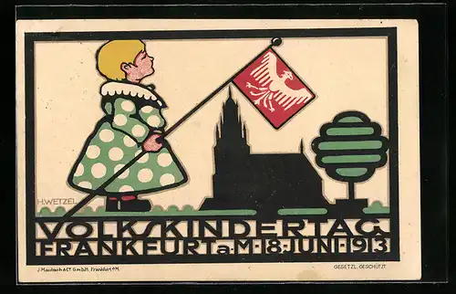 Künstler-AK Frankfurt a. M., Festpostkarte zum Volkskindertag 1913, Kind mit Fahne, Kirchensilhouette