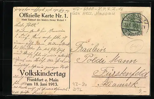 Künstler-AK Frankfurt a. M., Festpostkarte zum Volkskindertag 1913, Kind mit Fahne, Kirchensilhouette
