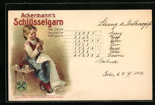 Lithographie Reklame für Ackermanns Schlüsselgarn, Mädchen beim Nähen