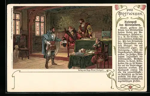 Lithographie Das Postwesen, Botenpost des Mittelalters, Auslieferung eines Briefes in einem Kontor