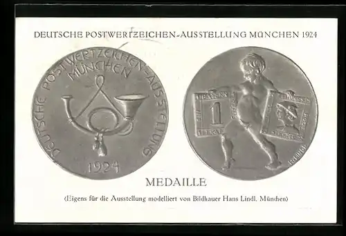 AK München, Postwertzeichen-Ausstellung 1924, Ausstellungs-Medaille von Hans Lindl, Vorder- und Rückseite