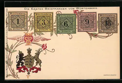 AK Die ersten Briefmarken von Würtemberg, Wappen mit geflügeltem Schlangenbild