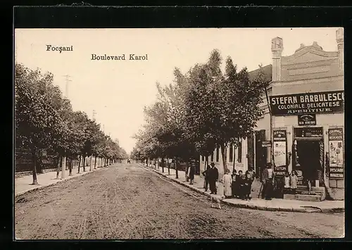 AK Focsani, Boulevard Karol, Kolonialwarenladen Stefan Barbulescu