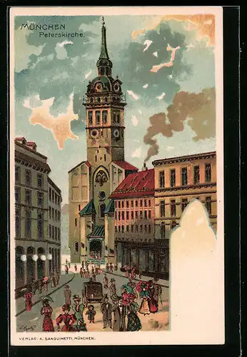 Lithographie München, Passanten an der Peterskirche