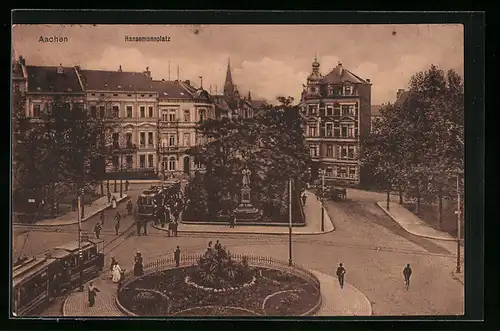 AK Aachen, Hansemannplatz mit Strassenbahnen