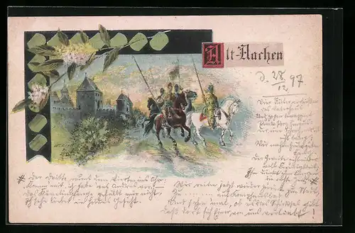 Künstler-AK Aachen, Ritter zu Pferde vor der Burg