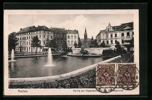 AK Aachen, Partie am Hauptbahnhof mit Marienkirche