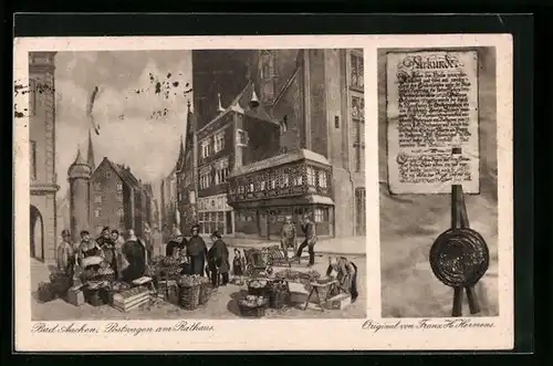 AK Aachen, Postwagen am Rathaus G. Buchmeier, Urkunde mit Siegel
