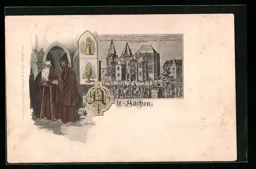 Künstler-AK Aachen, Zwei Mönche, Historische Domansicht, Wappen, Reliquien