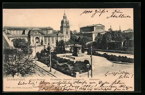 AK Darmstadt, Neues Museum, Paradeplatz und Hoftheater