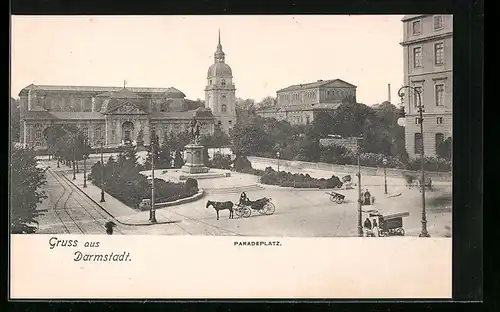 AK Darmstadt, Paradeplatz mit Denkmal und Kutsche