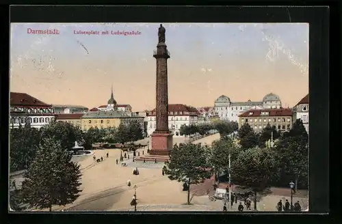 AK Darmstadt, Luisenplatz mit Ludwigssäule aus der Vogelschau