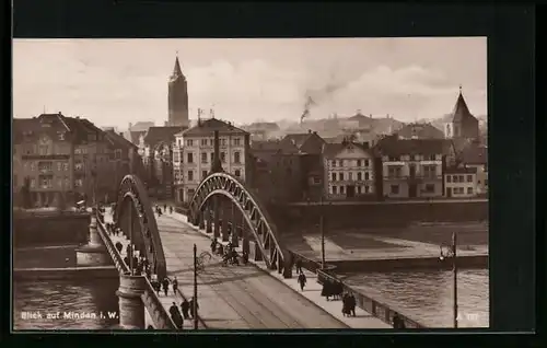 AK Minden i. W., Ortspartie mit Brücke aus der Vogelschau