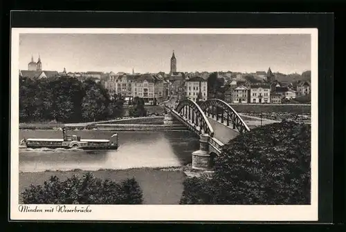 AK Minden, Ortsansicht mit Weserbrücke und Dampfer