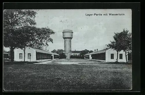 AK Lager Lechfeld, Truppenübungsplatz, Lager-Partie mit Wasserturm