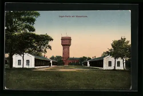 AK Lager Lechfeld, Truppenübungsplatz, Lager-Partie mit Wasserturm