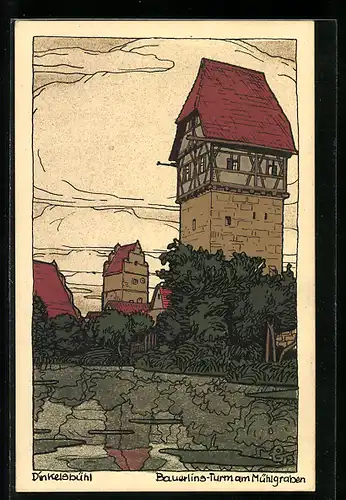 Steindruck-AK Dinkelsbühl, Bäuerlins-Turm am Mühlgraben