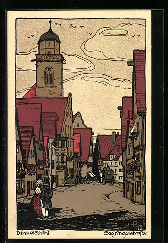 Steindruck-AK Dinkelsbühl, Segringerstrasse mit Kutsche