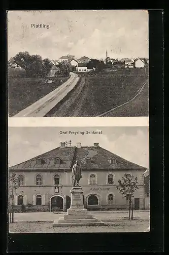 AK Plattling, Haus Anton Clemente mit Graf Preysing-Denkmal, Ortsansicht