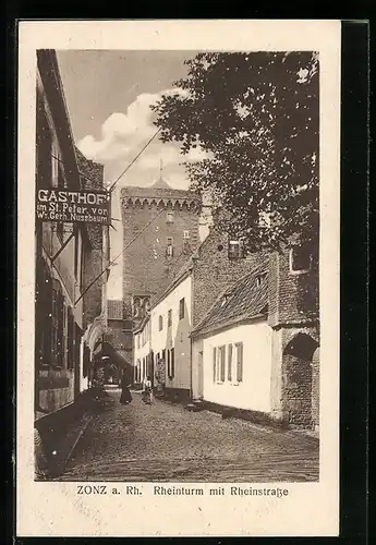 AK Zons a. Rhein, Rheinturm & Rheinstrasse