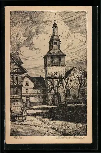 Künstler-AK Helsa, Berliner Strasse mit Kirche und Wagen