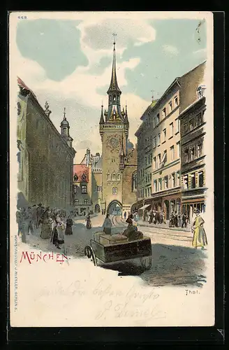 Lithographie München, Strassenpartie in Thal