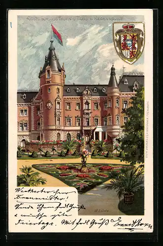 Lithographie Regensburg, Fürstliches Schloss Thurn und Taxis mit Wappen