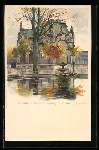 Lithographie Dresden, Springbrunnen am Zwingerwall