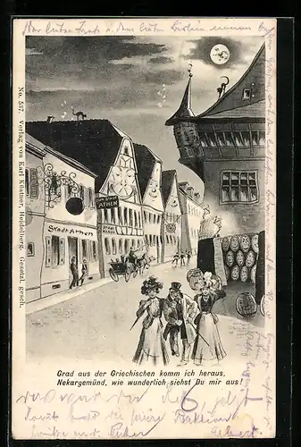 Wirtshaus-AK Neckargemünd, Gasthaus Stadt Athen, Strassenpartie aus der Sicht eines Betrunkenen