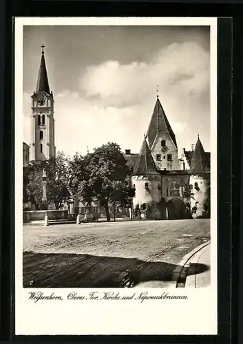 AK Weissenhorn, Oberes Tor, Kirche und Nepomukbrunnen