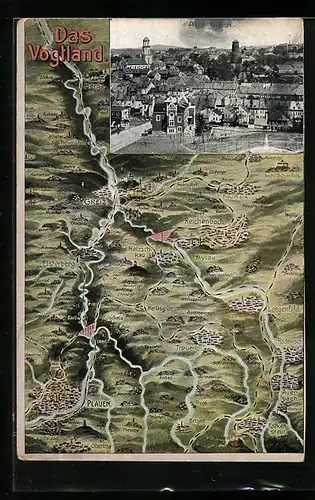 AK Reichenbach i. V., Ortsansicht, Landkarte der Umgebung