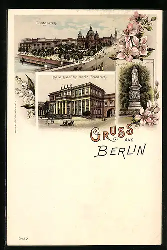 Lithographie Berlin, Dom und Lustgarten, Palais der Kaiserin Friedrich