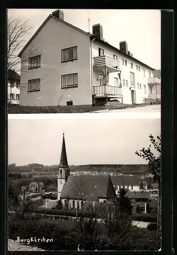 AK Burgkirchen /Alz, Mehrfamilienhaus, Teilansicht mit Kirche