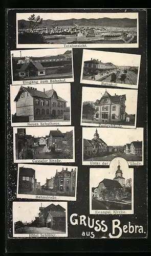 AK Bebra, Eingang zum Bahnhof, Bahnhof, Neues Schulhaus, Bahnstrasse, Hotel Schlüter