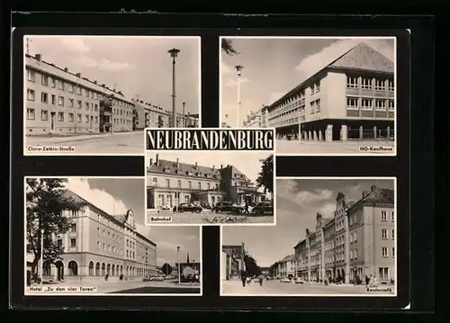 AK Neubrandenburg, Hotel Zu den vier Toren, Reutercafe, HO-Kaufhaus