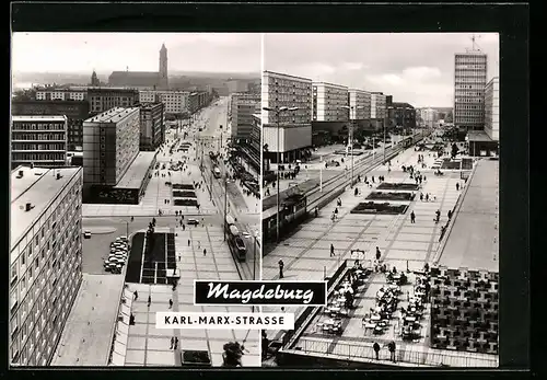 AK Magdeburg, Karl-Marx-Strasse mit Gasthaus und Strassenbahn