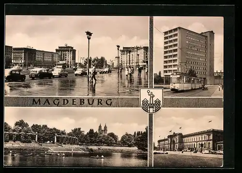 AK Magdeburg, Wilhelm-Pieck-Allee, Hochhaus Agnetenstrasse mit Strassenbahn, Hauptbahnhof