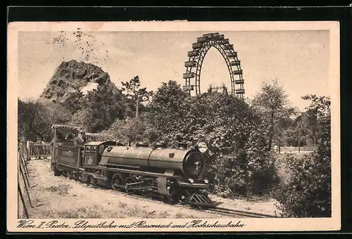 AK Wien, Liliputbahn mit Riesenrad und Hochschaubahn auf dem Wiener Prater