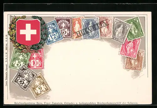 AK Briefmarken der Schweiz, Wappen und Ehrenkranz