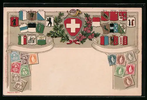 AK Briefmarken und Wappen der Schweiz