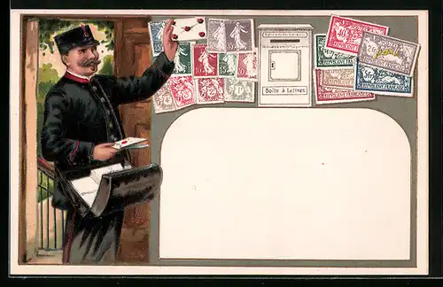 Präge-AK Postbote mit Siegelbrief und Briefmarken