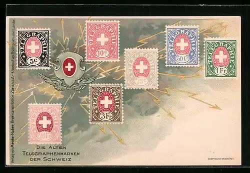 AK Schweiz, alte Telegraphen-Briefmarken, Wappen