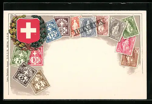 AK Briefmarken der Schweiz, Wappen und Ehrenkranz