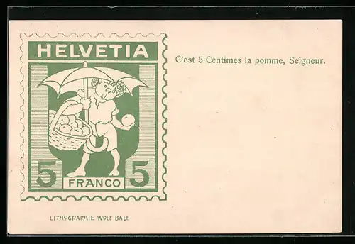 AK Briefmarke, Helvetia 5 Franco